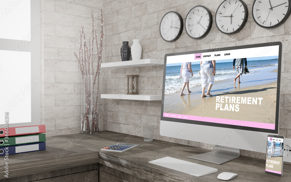 Naklejka premium Workspace at home with a desktop computer 3d rendering mockup.3d illustration. Retirement concept