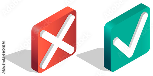 An isometric image of the tick and cross icons.Green icon indicating Yes.White check mark on a green background.Red icon indicating no.The sign of the error.White cross on a red background.