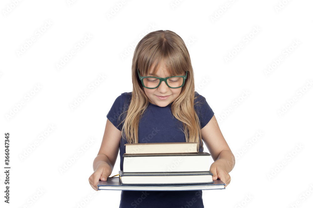Beautiful little student with glasses and many books Beautiful little student with glasses and many books