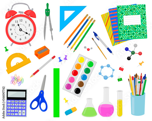 Set Back to school stationery notebooks pencils pens paper clips eraser alarm clock protractor sharpener flask scissors calculator compass flasks alarm clock vector illustration