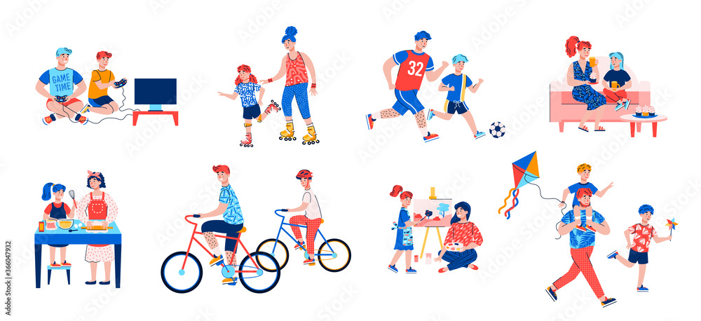 Fototapeta premium Parent and child activity set - cartoon mother and father playing with children isolated on white background. Happy family leisure time, vector illustration.
