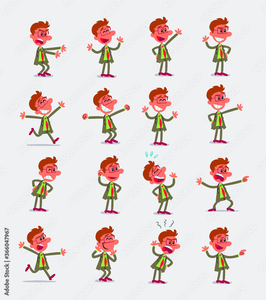 Cartoon character businessman in smart casual style. Set with different postures, attitudes and poses, doing different activities in isolated vector illustrations.
Cartoon character businessman in smart casual style. Set with different postures, attitudes and poses, doing different activities in isolated vector illustrations.