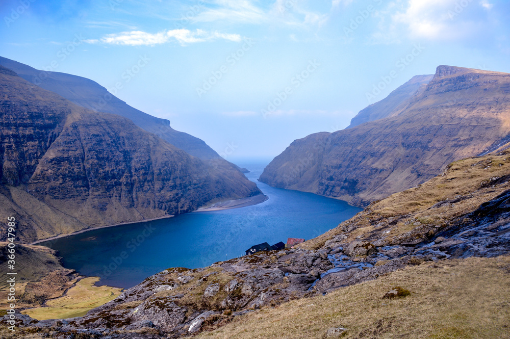 Amazing view in Faroe Islands (Denmark, Europe). Beautiful Panoramic Scene Of Nordic Islands