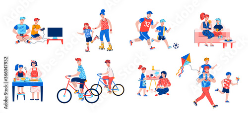 Parent and child activity set - cartoon mother and father playing with children isolated on white background. Happy family leisure time, vector illustration.