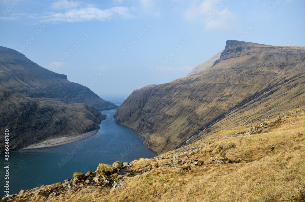 Amazing view in Faroe Islands (Denmark, Europe). Beautiful Panoramic Scene Of Nordic Islands