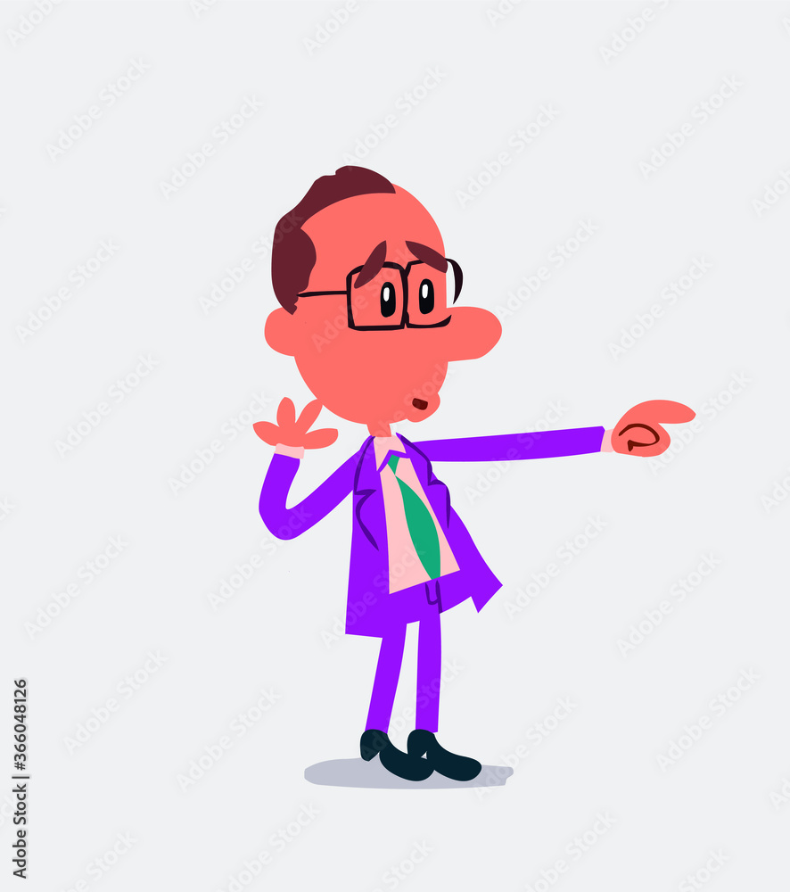 Surprised businessman points to something in isolated vector illustration
