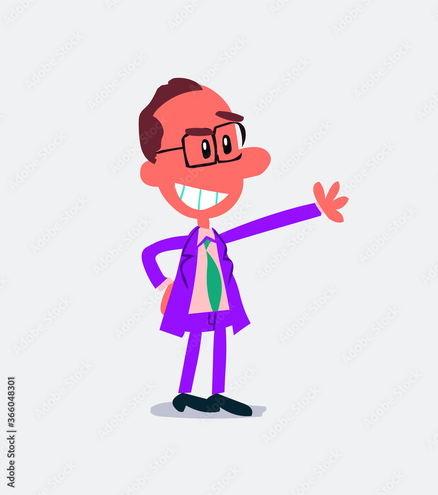 Pleased businessman points to something in isolated vector illustration
