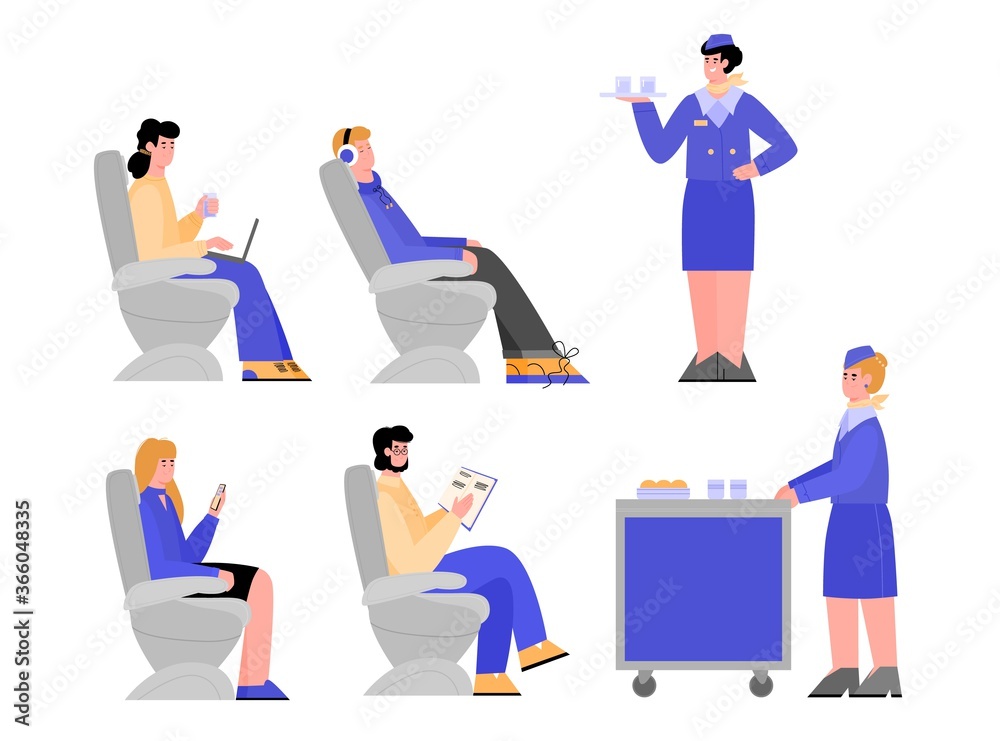 Set of airline passengers and stewardess cartoon character serving food and drink during flight, flat vector illustration isolated on white background.