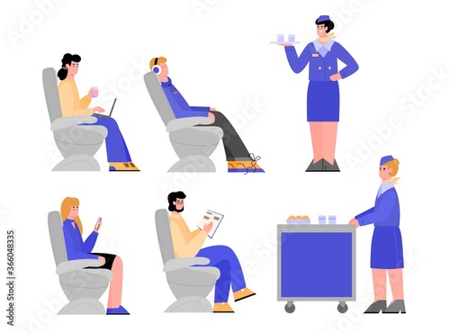 Set of airline passengers and stewardess cartoon character serving food and drink during flight, flat vector illustration isolated on white background.