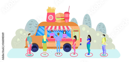 Line at car fast food. Street food festival. Street Food Truck concept isolated on a white background. Cartoon fast-food car. Social distance in the queue.Vector illustration in flat style. Banner