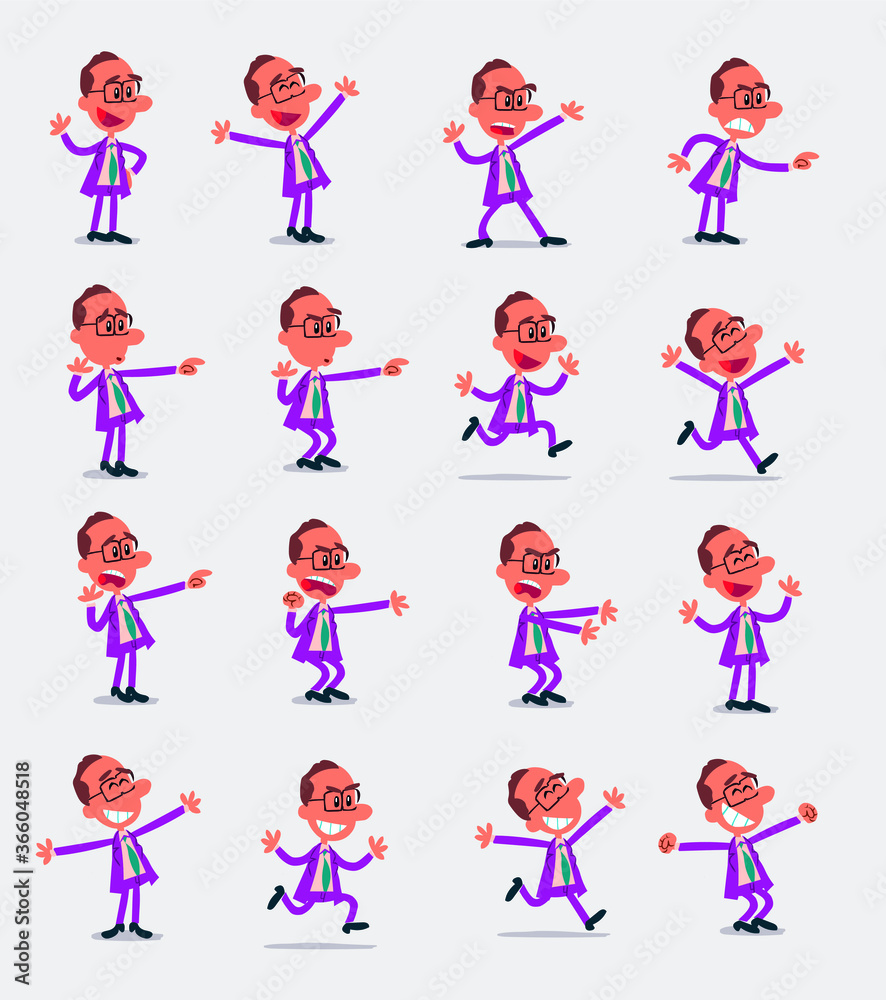 Cartoon character businessman in smart casual style. Set with different postures, attitudes and poses, doing different activities in isolated vector illustrations.
Cartoon character businessman in smart casual style. Set with different postures, attitudes and poses, doing different activities in isolated vector illustrations.