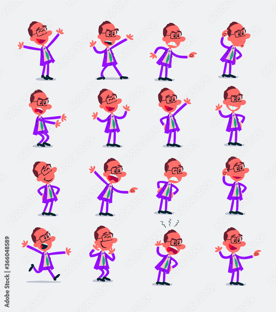 Cartoon character businessman in smart casual style. Set with different postures, attitudes and poses, doing different activities in isolated vector illustrations.
Cartoon character businessman in smart casual style. Set with different postures, attitudes and poses, doing different activities in isolated vector illustrations.