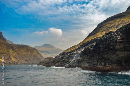 Amazing view in Faroe Islands (Denmark, Europe). Beautiful Panoramic Scene Of Nordic Islands