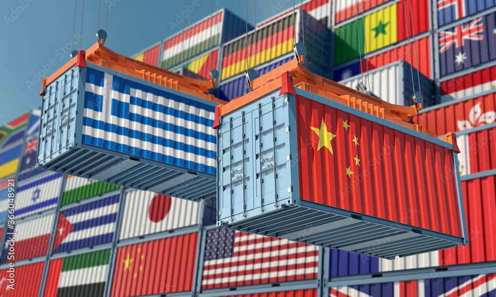 Freight containers with Greece and China flag. 3D Rendering 