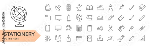 Stationery items line icon set. Isolated signs on white background. Vector illustration. Collection