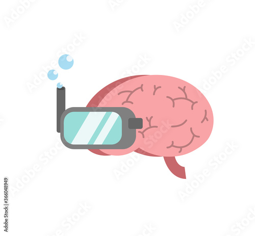 Brain in deep thoughts state, a hand drawn vector flat design illustration of a brain wearing diving googles dives deep in thought.