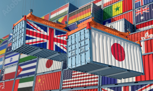 Freight containers with United Kingdom and Japan flag. 3D Rendering 