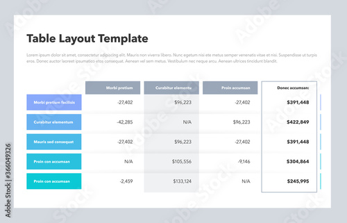Modern business table layout template with the total sum column and place for your content. Flat design, easy to use for your website or presentation.