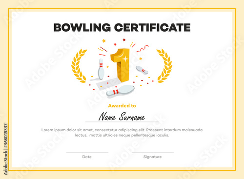 Modern first place bowling certificate diploma with place for your content. Isolated on white background.
