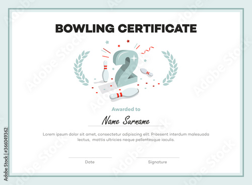 Modern second place bowling certificate diploma with place for your content. Isolated on white background.