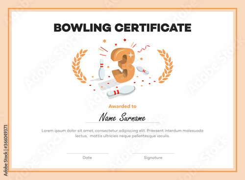 Modern third place bowling certificate diploma with place for your content. Isolated on white background.