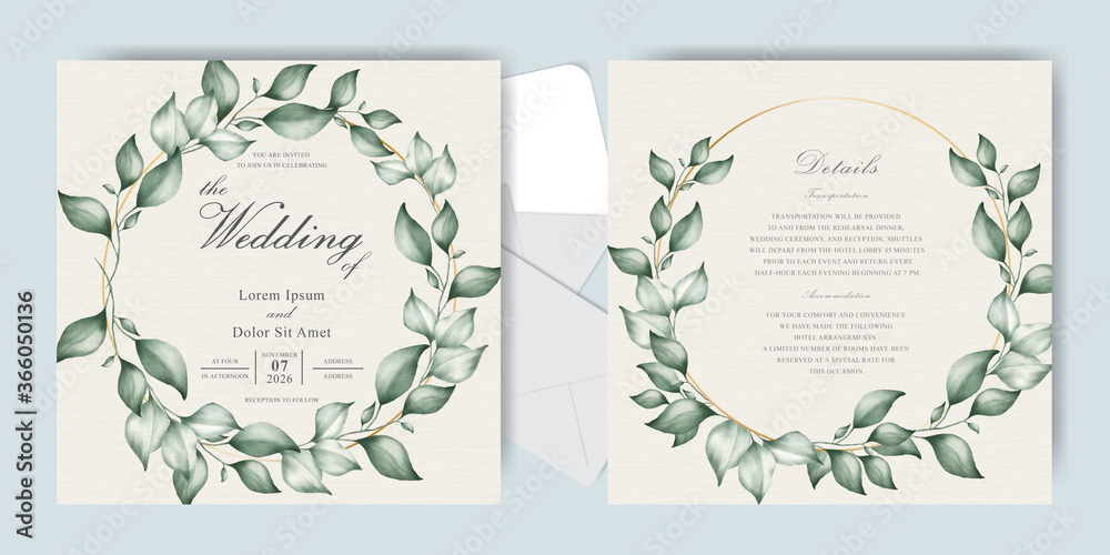 Wreath Greenery Wedding Invitation Card Set Template with Elegant Hand Drawn Floral  Watercolor and Foliage