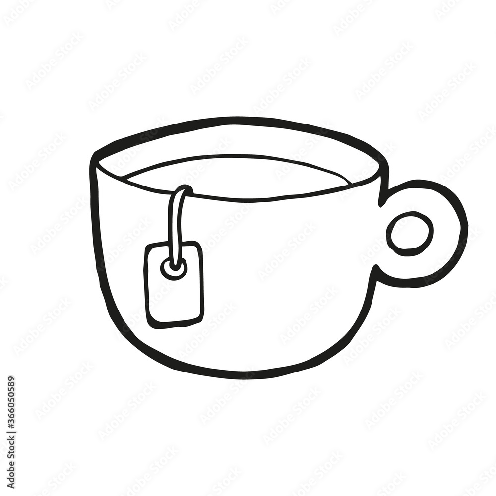 Cute hand drawn cup of tea on white background. Vector design in trendy Scandinavian style. Funny, cute, hygge illustration for poster, social media banner, print, decoration kitchen or kids playroom
