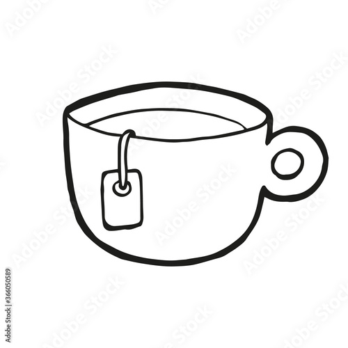 Cute hand drawn cup of tea on white background. Vector design in trendy Scandinavian style. Funny, cute, hygge illustration for poster, social media banner, print, decoration kitchen or kids playroom