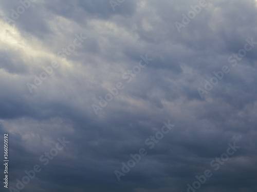 Dark gray heavy clouds in the sky before a thunderstorm. Dramatic gloomy background or wallpaper. Ahead of a storm or cataclysm. Climate and weather forecast backdrop