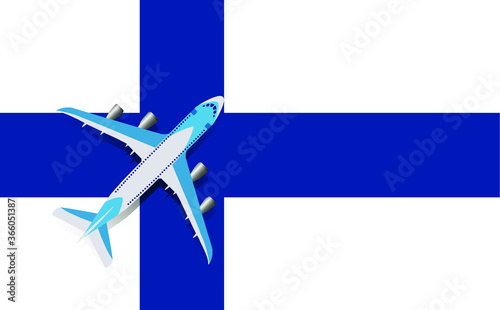 Vector Illustration of a passenger plane flying over the flag of Finland. Concept of tourism and travel