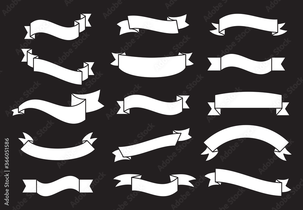 Banners and ribbons set isolated on black background. Collection of trendy banners and ribbons for web site, tag, label, sticker, and badge. Creative art concept, vector illustration Banners and ribbons set isolated on black background. Collection of trendy banners and ribbons for web site, tag, label, sticker, and badge. Creative art concept, vector illustration