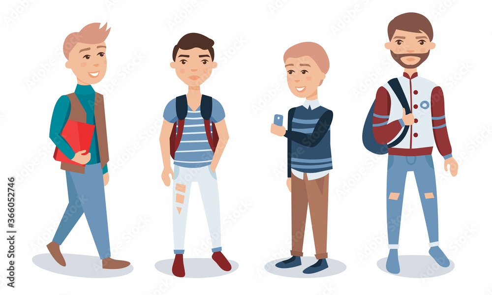 Male Student with Backpack Standing and Walking Vector Illustration Set