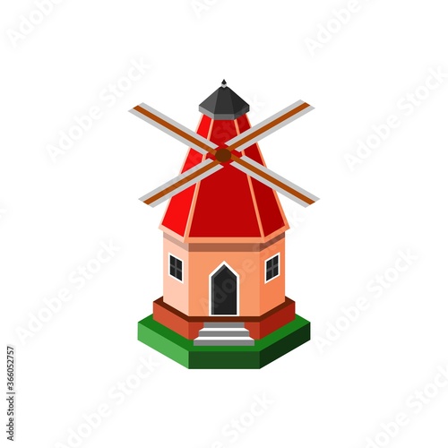 Windmill House Isometric 3D Building Vector Illustration Isolated in White Background