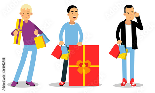 Man Character Carrying Bright Shopping Bags and Gift Boxes Vector Illustration Set