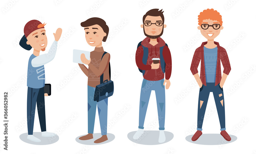 Male Student with Backpack Standing and Walking Vector Illustration Set Male Student with Backpack Standing and Walking Vector Illustration Set