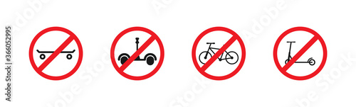 Signs prohibiting movement on: Bicycle, scooter, skateboard, gyro scooter.