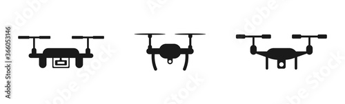 set of black color quadrocopter icons on white background. Drone icon on white