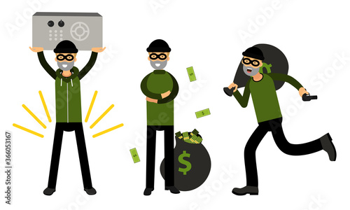 Male Burglar or Robber in Black Mask Stealing Money Vector Illustration Set