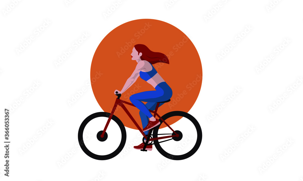 Obraz premium The woman rides a bicycle. Illustration concept for a healthy lifestyle, freedom of movement. Vector illustration in a flat style.
