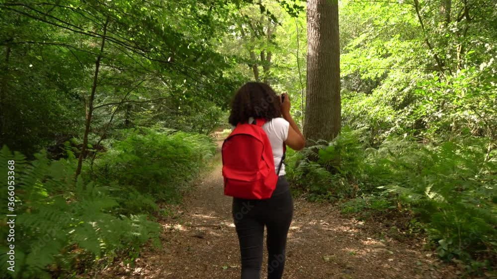Teenage girl young woman hiking with red backpack and taking photographs with a camera in forest woodland Teenage girl young woman hiking with red backpack and taking photographs with a camera in forest woodland