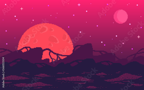 Pixel art game location. Alien red planet with strange plants.