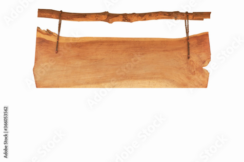 Wooden rustic signboard hanging from a chain isolated on white background can used for display or montage your products,with clipping path. photo