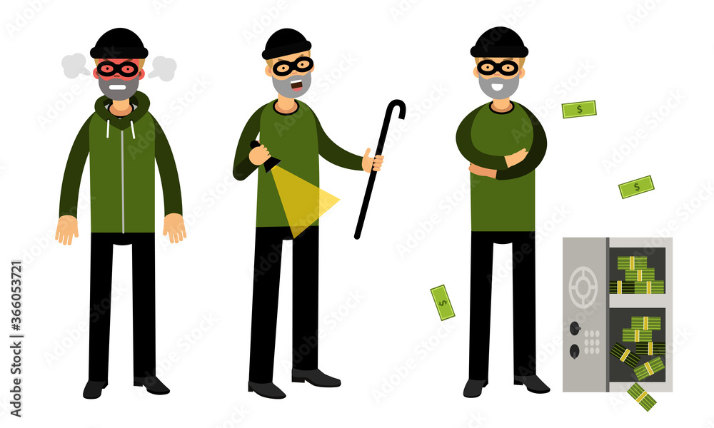 Smirking Male Burglar or Robber in Black Mask Stealing Money from Cash Box Vector Illustration Set