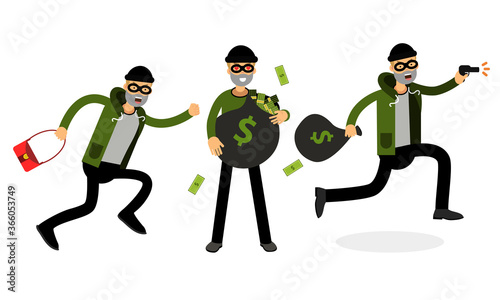 Male Burglar or Robber in Black Mask Stealing Money Vector Illustration Set