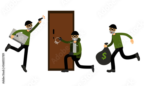Male Burglar or Robber in Black Mask Stealing Money and Forcing Lock with Picklock Vector Illustration Set