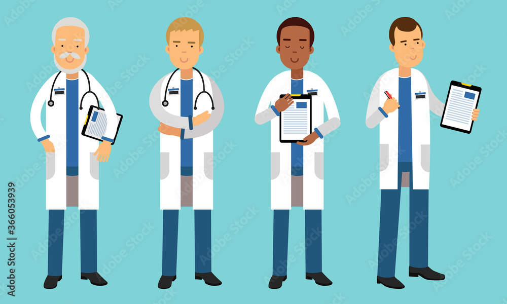 Smiling Man Doctors Wearing Medical Uniform Vector Illustrations Set Smiling Man Doctors Wearing Medical Uniform Vector Illustrations Set