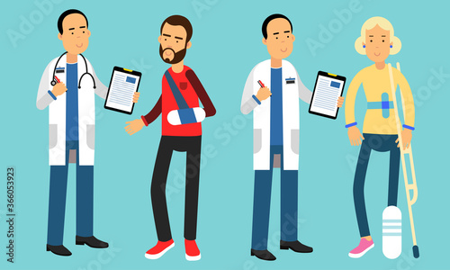 Man Doctors Wearing Medical Uniform and Their Patients Vector Illustrations Set