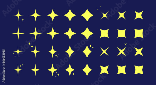 Star burst twinkle pattern icon set. Yellow star shaped sparkle pattern collection isolated on blue background. New year celebration decoration, birthday party festive graphic design