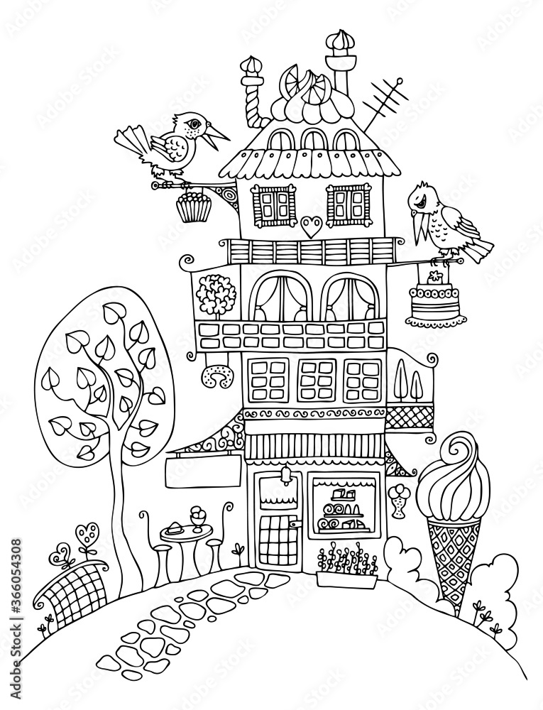 Fairytale house. Cute fantasy sweet-shop. Sketch for antistress adult coloring book in zentangle style. Vector illustration for coloring page.
