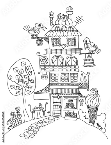 Fairytale house. Cute fantasy sweet-shop. Sketch for antistress adult coloring book in zentangle style. Vector illustration for coloring page.